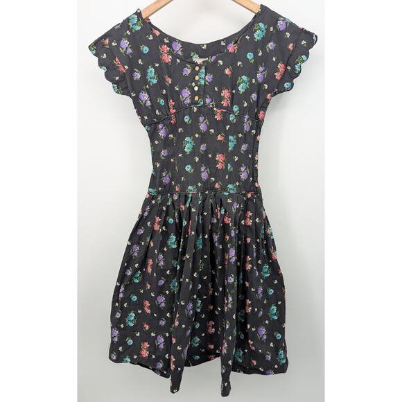 Vintage 1950s Kay Windsor Black Cotton Small Floral Fit & Flare Midi Dress - Picture 1 of 3